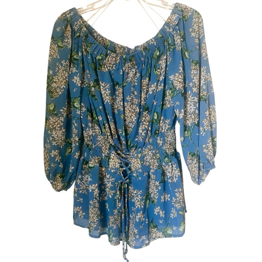 Entro Blue Floral Blueprint Off Shoulder Cottagecore Bohemian Romantic Blouse L